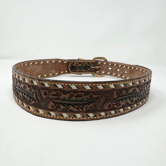 Tory Full Grain Cowhide Brown Leather Tooled Acorn Oak Leaf Laced Belt Size 30 - Picture 3 of 12